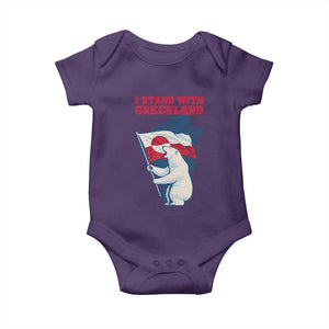 I Stand With Greenland Patriotic Baby Onesie Polar Bear Holding Flag Over Map TS02 Purple Print Your Wear
