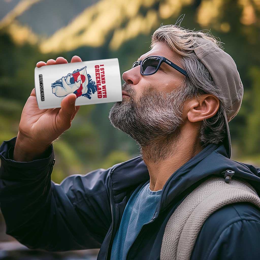 I Stand With Greenland Patriotic 4 in 1 Can Cooler Tumbler Polar Bear Holding Flag Over Map TS02 Print Your Wear