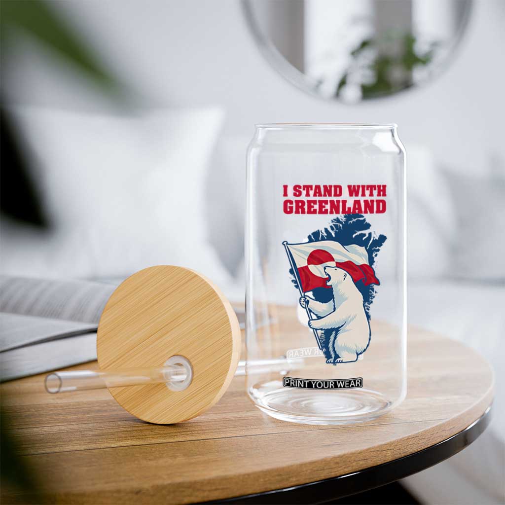 I Stand With Greenland Patriotic Glass Can Polar Bear Holding Flag Over Map TS02 Print Your Wear