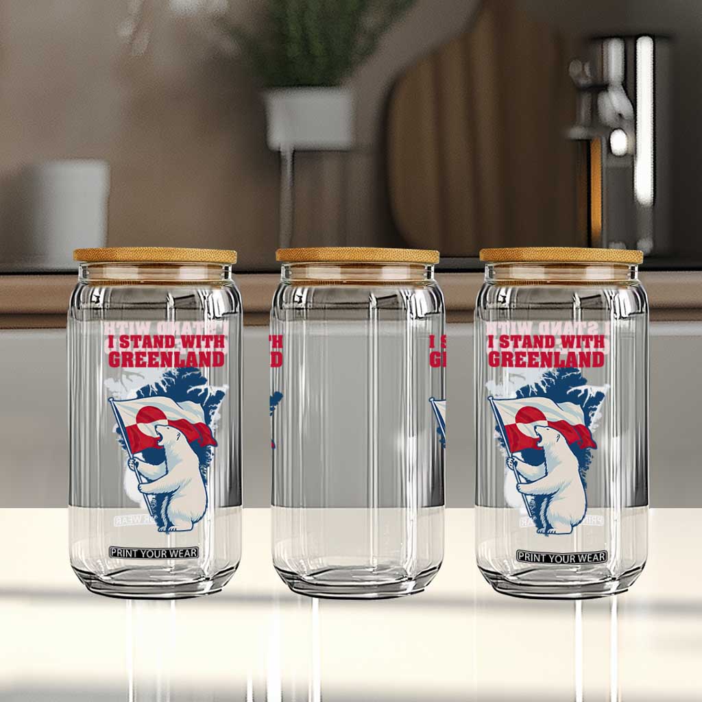 I Stand With Greenland Patriotic Glass Can Polar Bear Holding Flag Over Map TS02 Print Your Wear