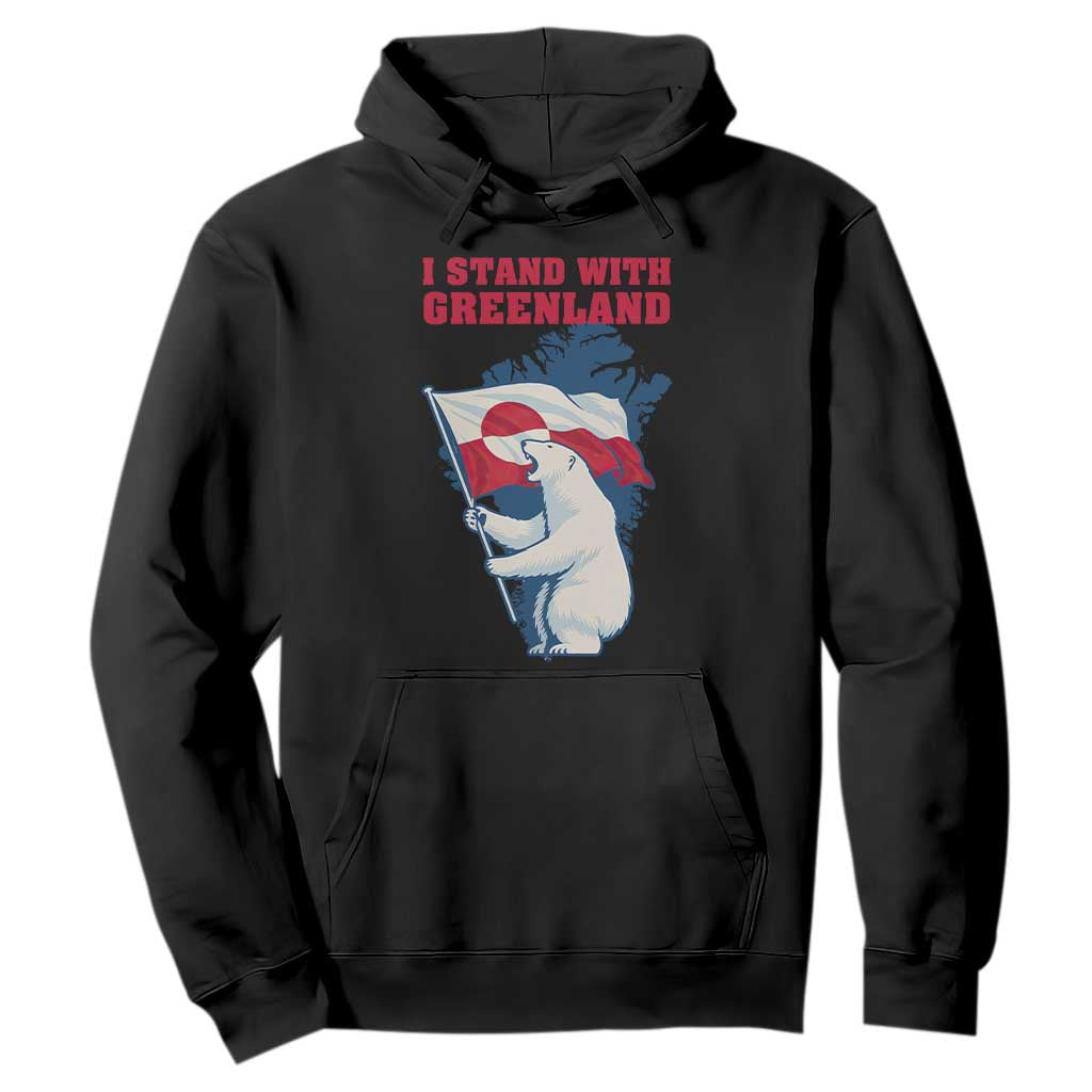 I Stand With Greenland Patriotic Hoodie Polar Bear Holding Flag Over Map TS02 Black Print Your Wear