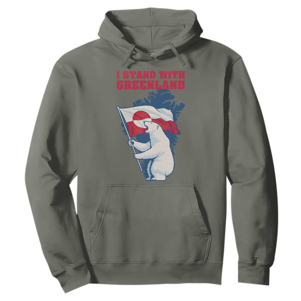 I Stand With Greenland Patriotic Hoodie Polar Bear Holding Flag Over Map TS02 Military Green Print Your Wear