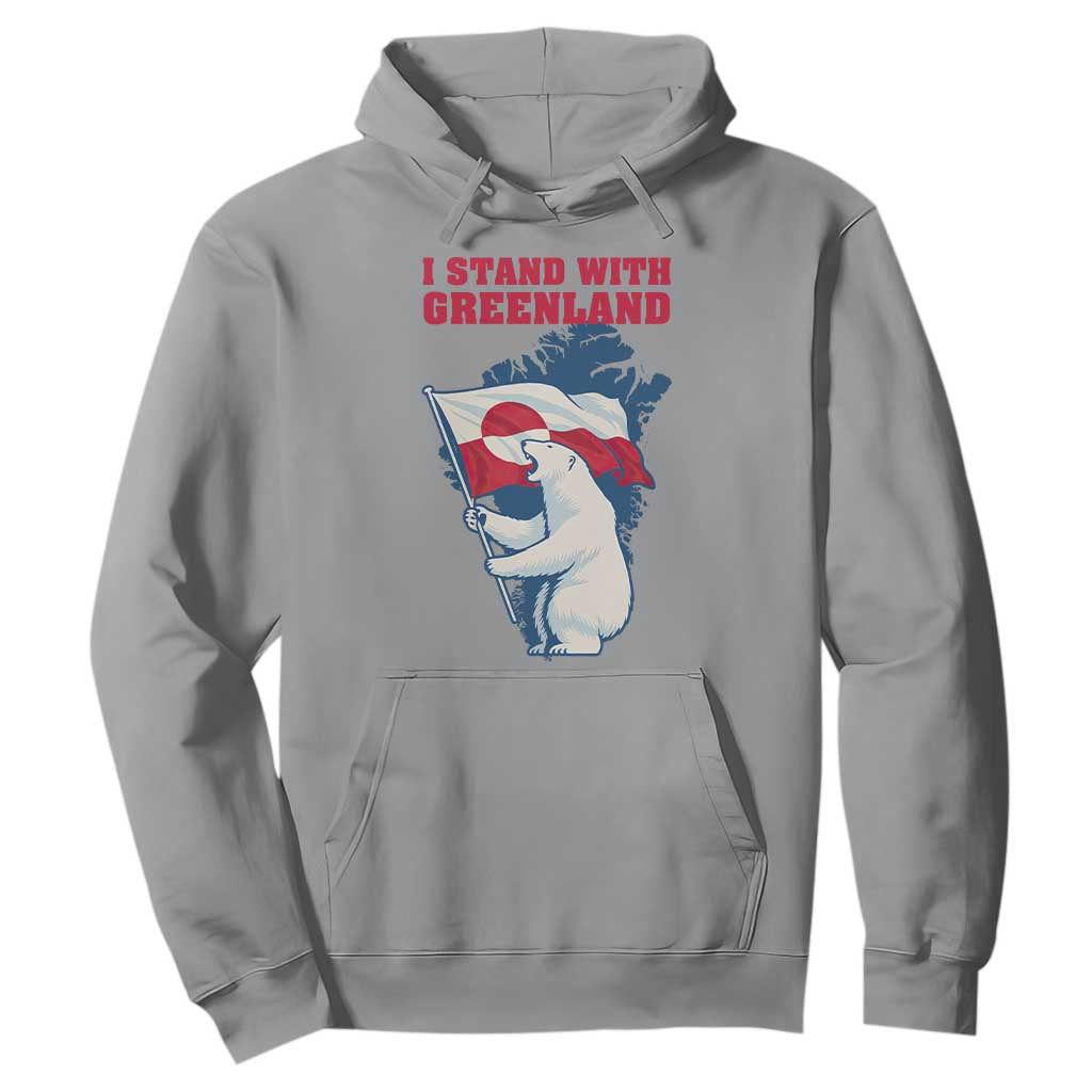 I Stand With Greenland Patriotic Hoodie Polar Bear Holding Flag Over Map TS02 Sport Gray Print Your Wear