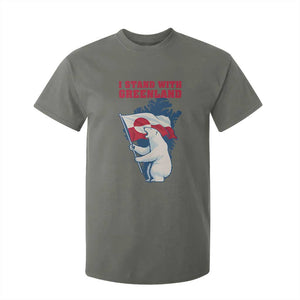 I Stand With Greenland Patriotic T Shirt For Kid Polar Bear Holding Flag Over Map TS02 Military Green Print Your Wear