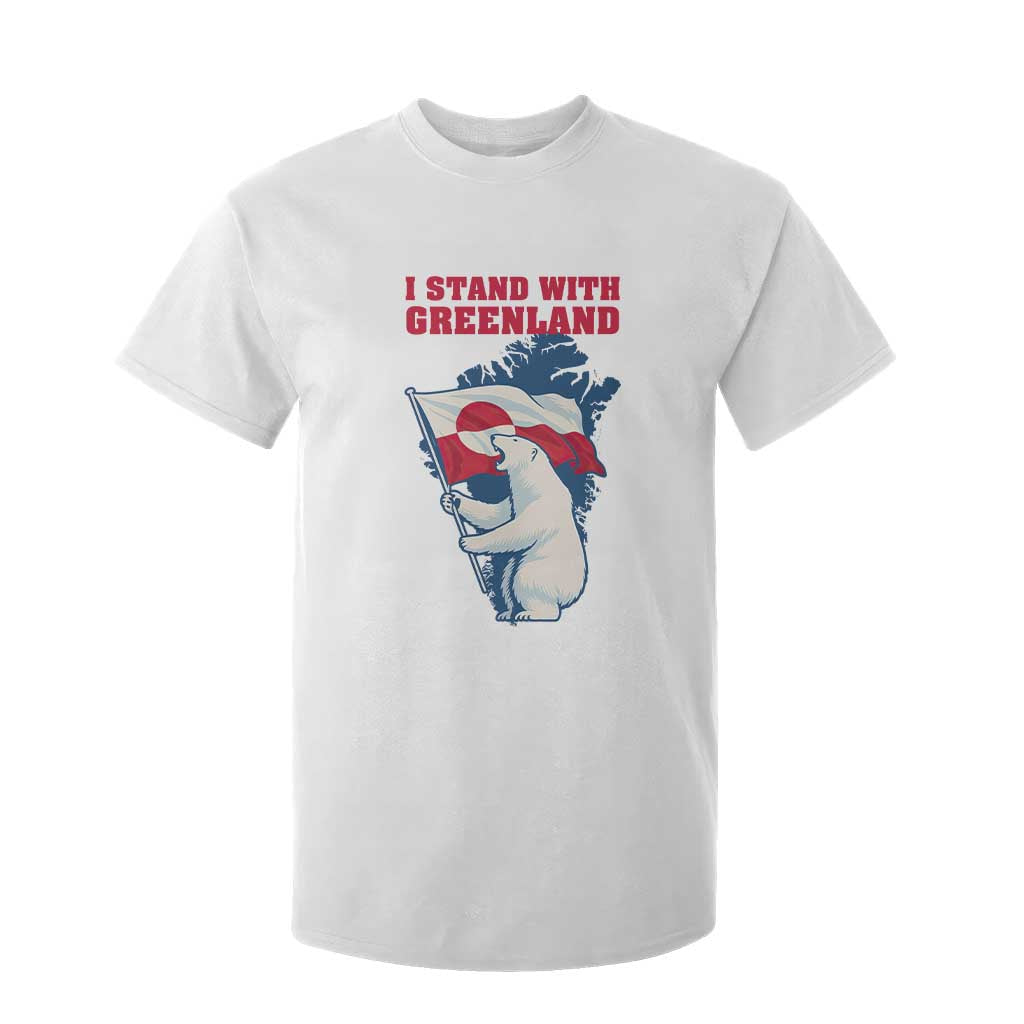 I Stand With Greenland Patriotic T Shirt For Kid Polar Bear Holding Flag Over Map TS02 White Print Your Wear