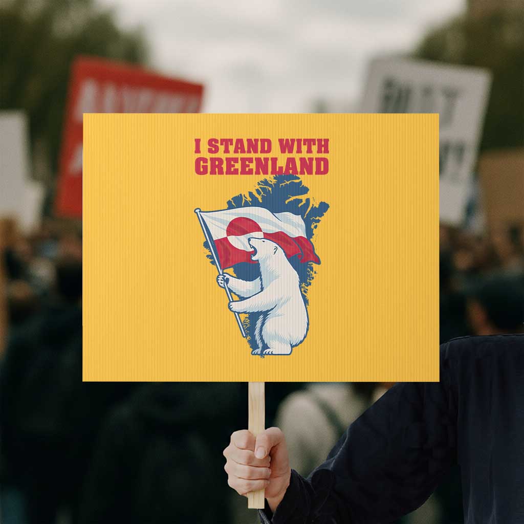 I Stand With Greenland Patriotic Protest Sign Polar Bear Holding Flag Over Map TS02 Horizontal 18