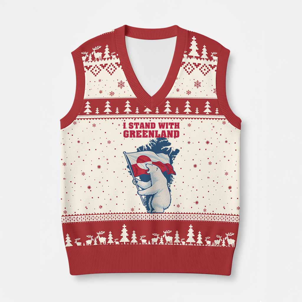 I Stand With Greenland Patriotic V-Neck Knit Sweater Vest Polar Bear Holding Flag Over Map TS02 Beige Red Print Your Wear
