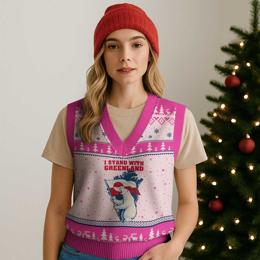I Stand With Greenland Patriotic V-Neck Knit Sweater Vest Polar Bear Holding Flag Over Map TS02 Hot Pink Print Your Wear