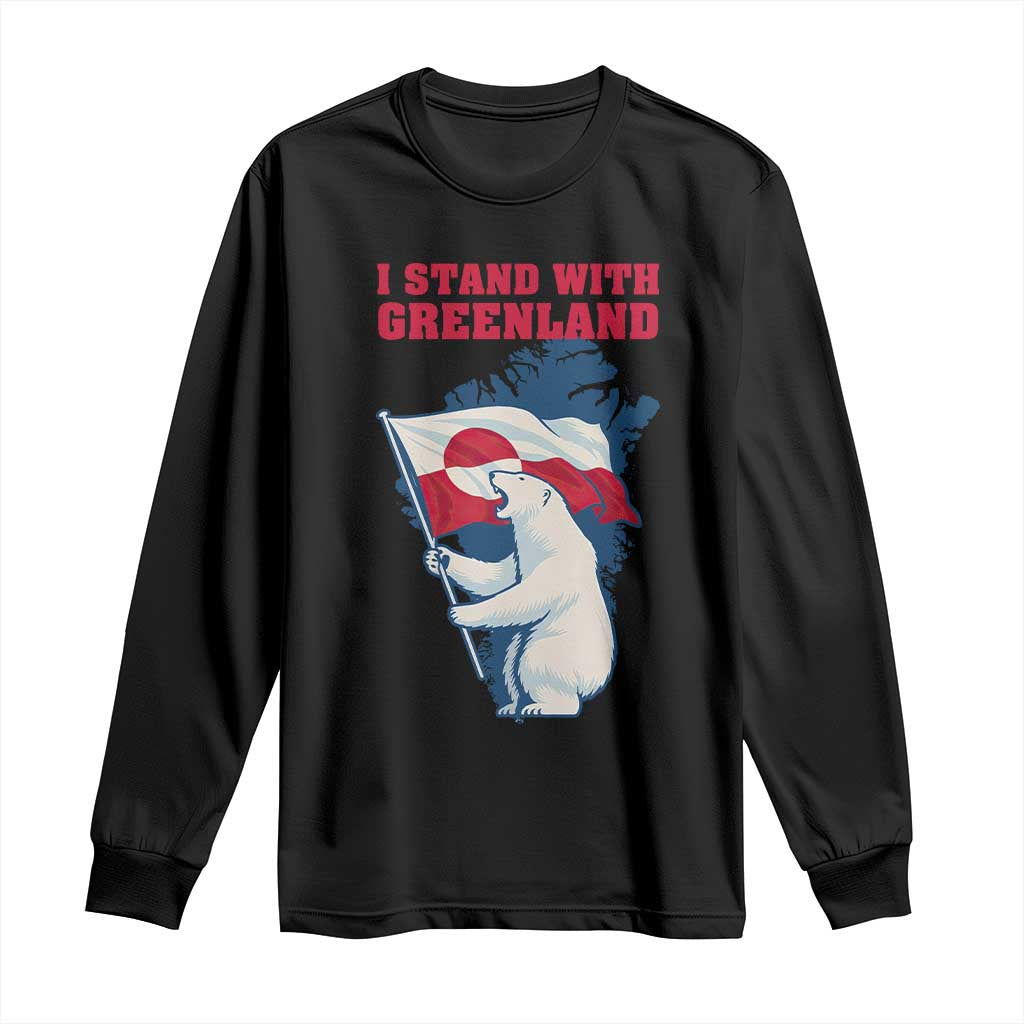 I Stand With Greenland Patriotic Long Sleeve Shirt Polar Bear Holding Flag Over Map TS02 Black Print Your Wear