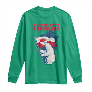 I Stand With Greenland Patriotic Long Sleeve Shirt Polar Bear Holding Flag Over Map TS02 Irish Green Print Your Wear