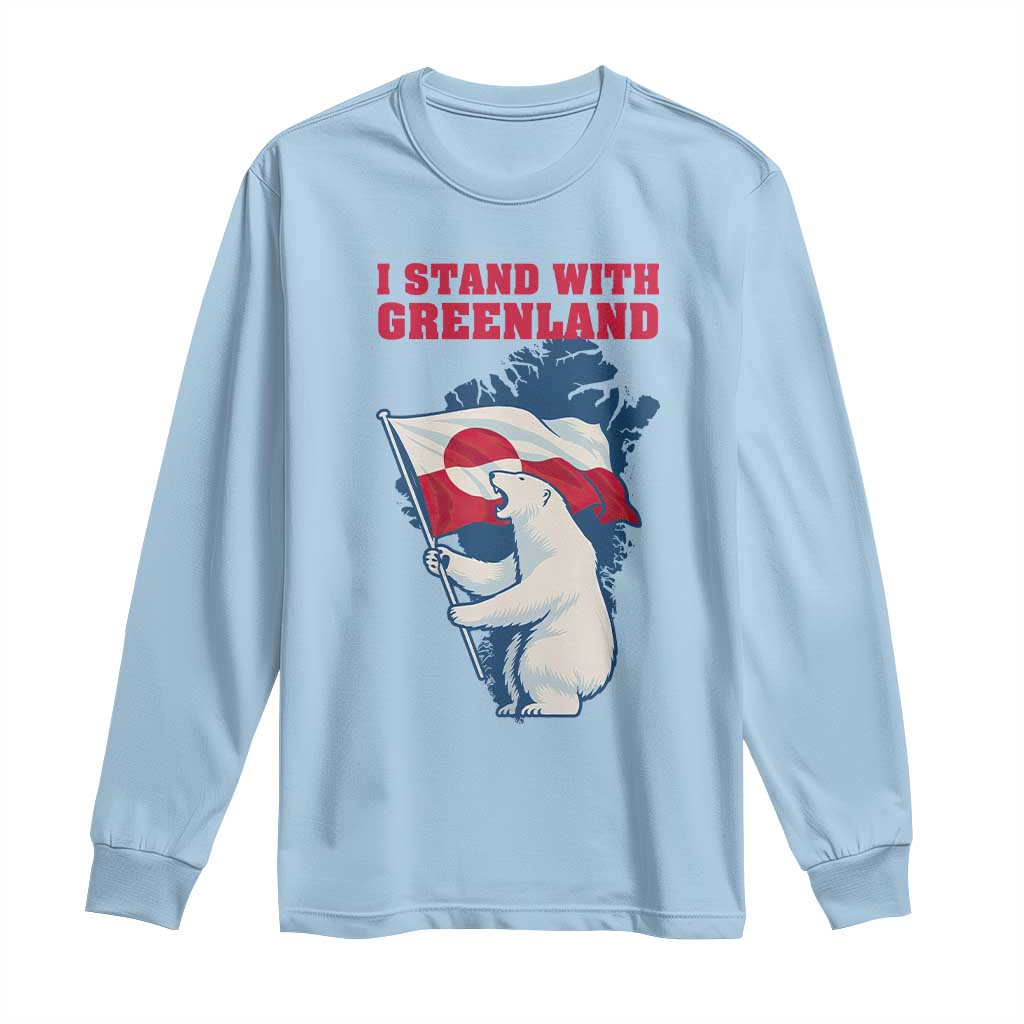 I Stand With Greenland Patriotic Long Sleeve Shirt Polar Bear Holding Flag Over Map TS02 Light Blue Print Your Wear