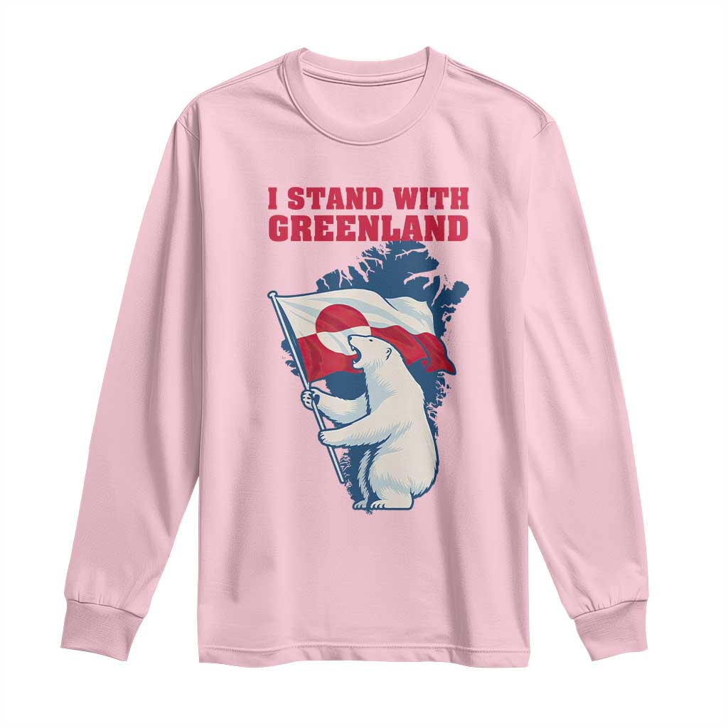 I Stand With Greenland Patriotic Long Sleeve Shirt Polar Bear Holding Flag Over Map TS02 Light Pink Print Your Wear
