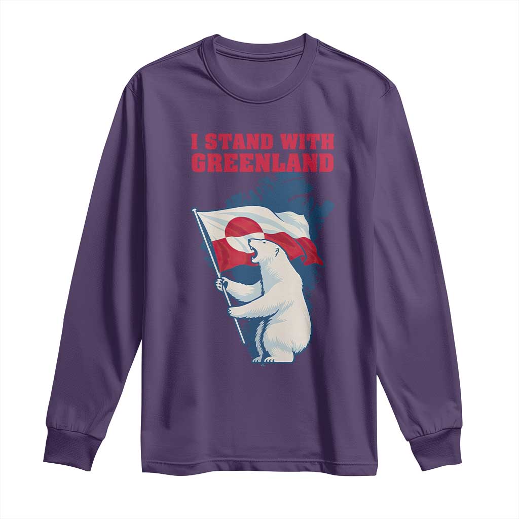 I Stand With Greenland Patriotic Long Sleeve Shirt Polar Bear Holding Flag Over Map TS02 Purple Print Your Wear