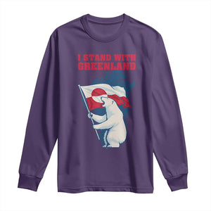 I Stand With Greenland Patriotic Long Sleeve Shirt Polar Bear Holding Flag Over Map TS02 Purple Print Your Wear