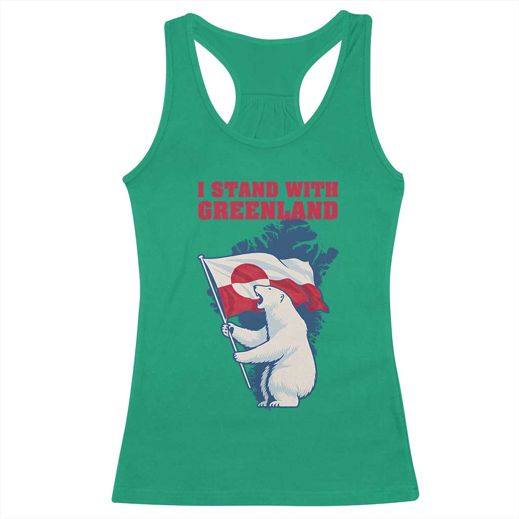 I Stand With Greenland Patriotic Racerback Tank Top Polar Bear Holding Flag Over Map TS02 Irish Green Print Your Wear