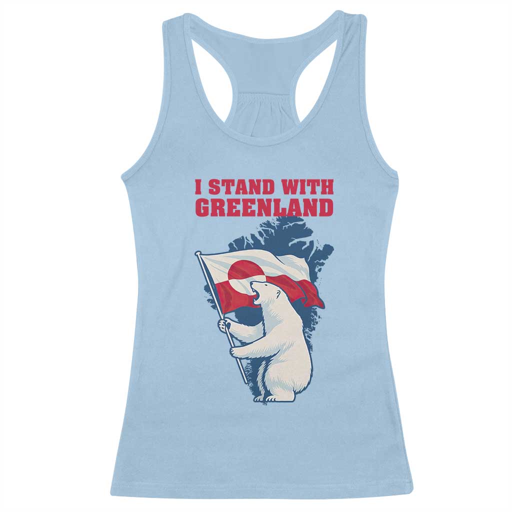 I Stand With Greenland Patriotic Racerback Tank Top Polar Bear Holding Flag Over Map TS02 Light Blue Print Your Wear