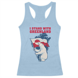 I Stand With Greenland Patriotic Racerback Tank Top Polar Bear Holding Flag Over Map TS02 Light Blue Print Your Wear