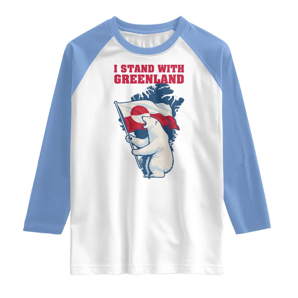 I Stand With Greenland Patriotic Raglan Shirt Polar Bear Holding Flag Over Map TS02 White Carolina Blue Print Your Wear
