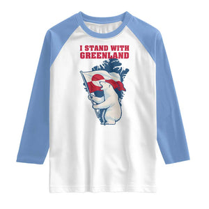 I Stand With Greenland Patriotic Raglan Shirt Polar Bear Holding Flag Over Map TS02 White Carolina Blue Print Your Wear
