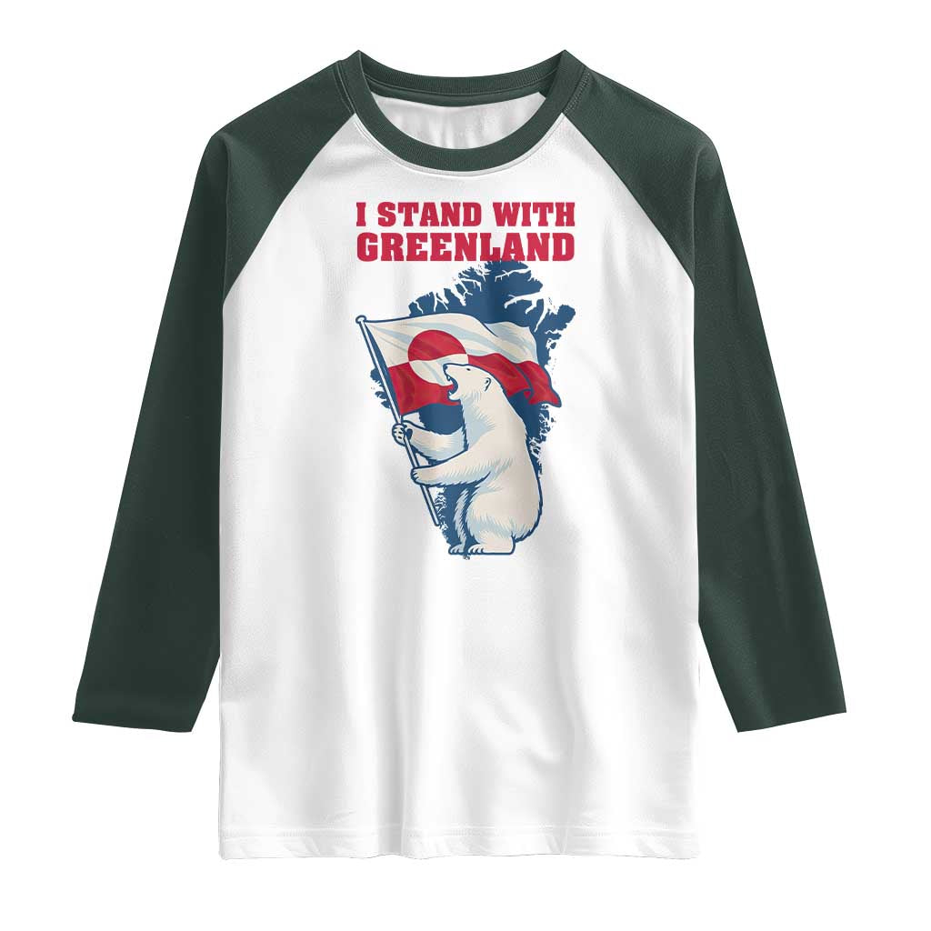 I Stand With Greenland Patriotic Raglan Shirt Polar Bear Holding Flag Over Map TS02 White Dark Forest Green Print Your Wear
