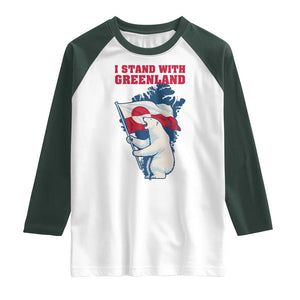 I Stand With Greenland Patriotic Raglan Shirt Polar Bear Holding Flag Over Map TS02 White Dark Forest Green Print Your Wear