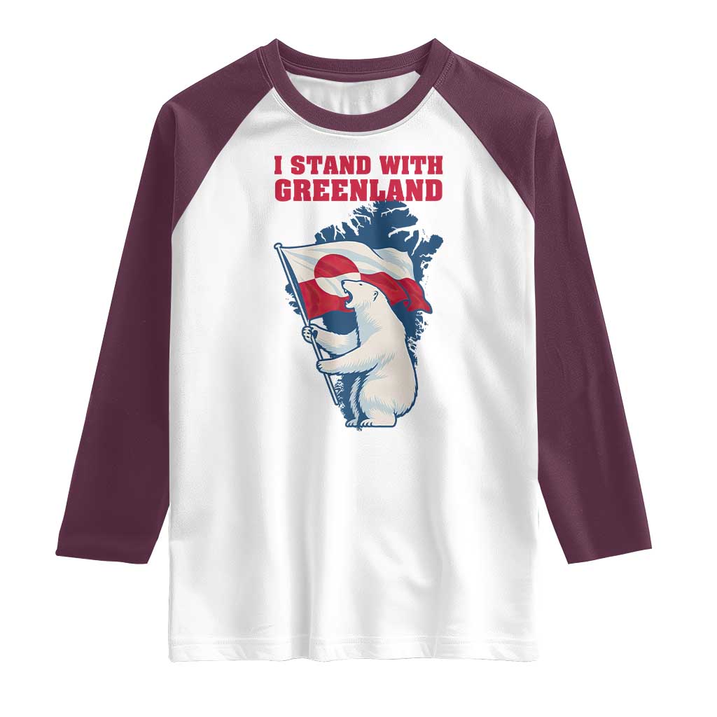 I Stand With Greenland Patriotic Raglan Shirt Polar Bear Holding Flag Over Map TS02 White Maroon Print Your Wear
