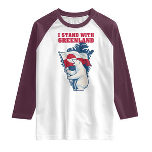 I Stand With Greenland Patriotic Raglan Shirt Polar Bear Holding Flag Over Map TS02 White Maroon Print Your Wear