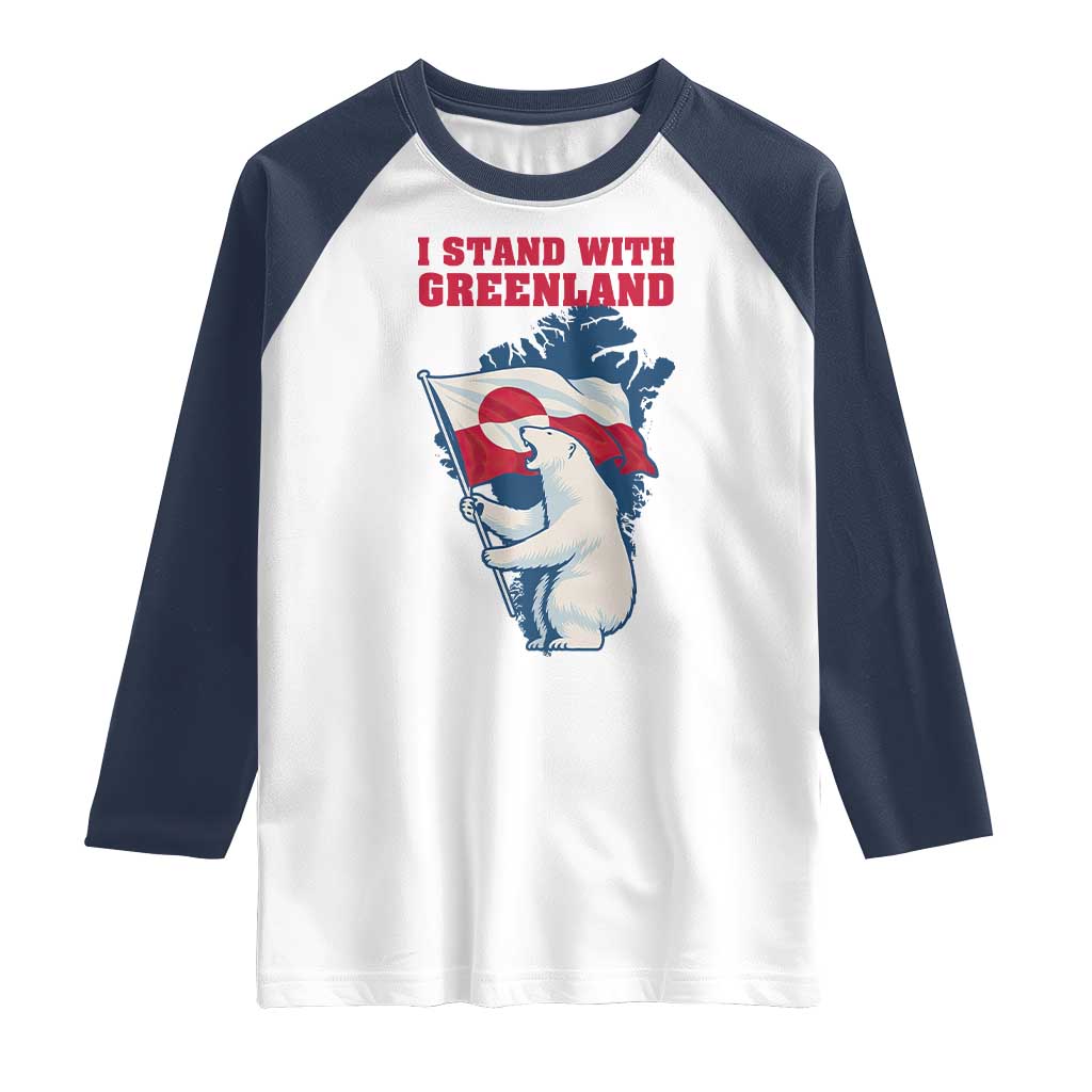 I Stand With Greenland Patriotic Raglan Shirt Polar Bear Holding Flag Over Map TS02 White Navy Print Your Wear