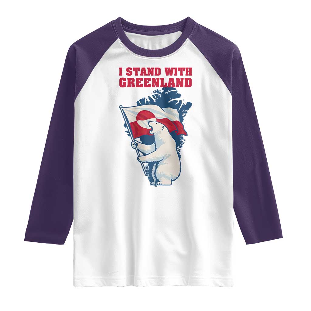 I Stand With Greenland Patriotic Raglan Shirt Polar Bear Holding Flag Over Map TS02 White Purple Print Your Wear