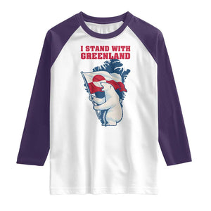 I Stand With Greenland Patriotic Raglan Shirt Polar Bear Holding Flag Over Map TS02 White Purple Print Your Wear