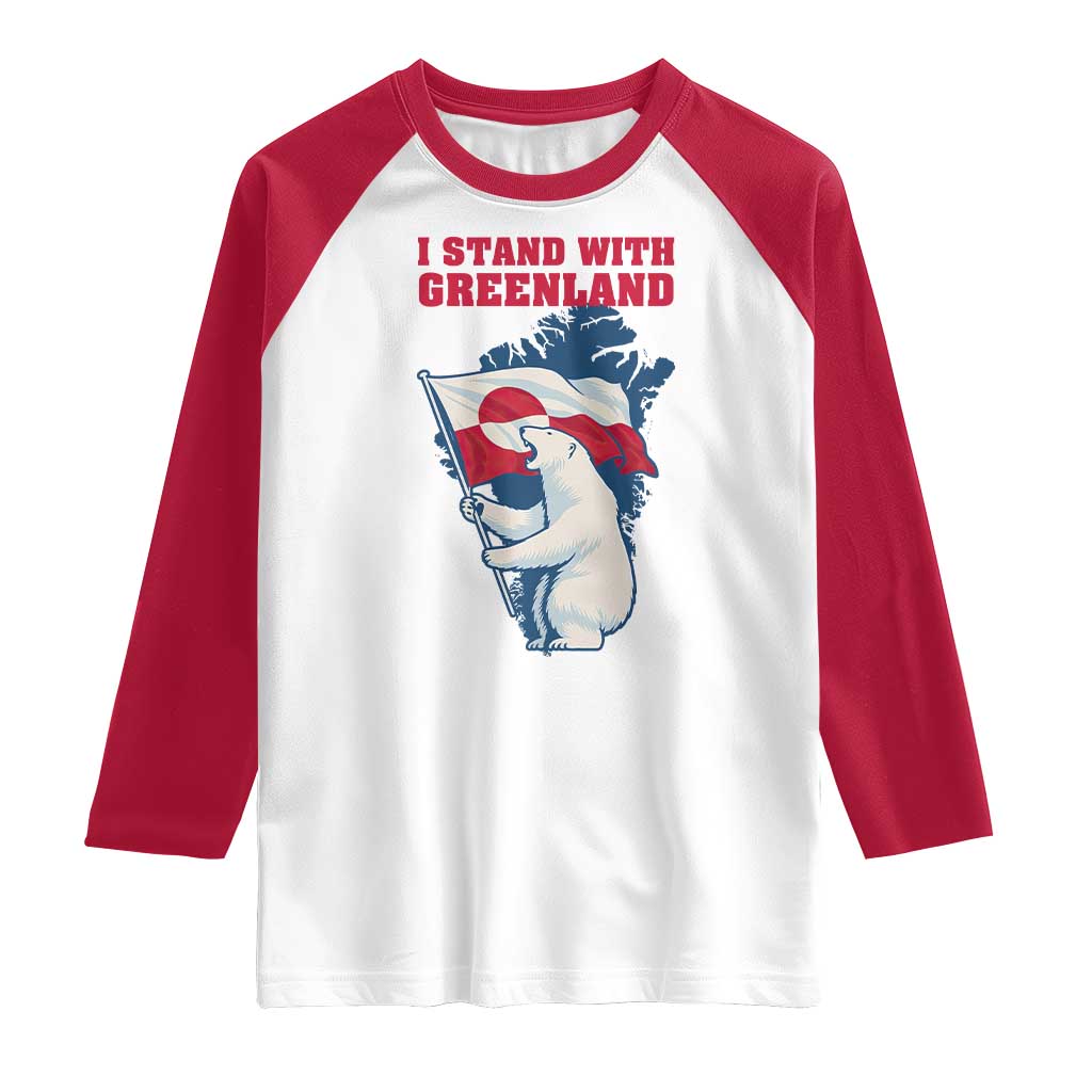 I Stand With Greenland Patriotic Raglan Shirt Polar Bear Holding Flag Over Map TS02 White Red Print Your Wear