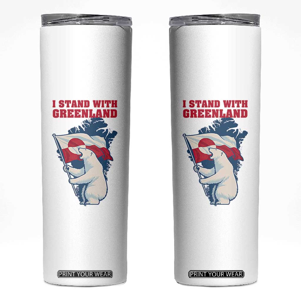 I Stand With Greenland Patriotic Skinny Tumbler Polar Bear Holding Flag Over Map TS02 White Print Your Wear