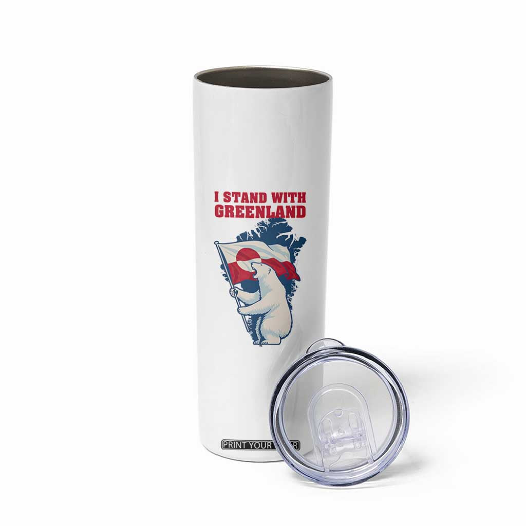 I Stand With Greenland Patriotic Skinny Tumbler Polar Bear Holding Flag Over Map TS02 Print Your Wear