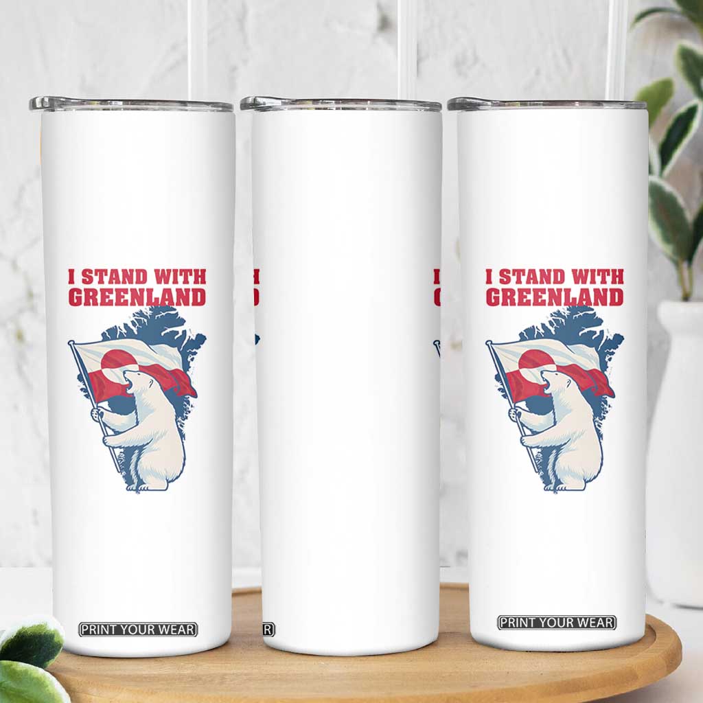 I Stand With Greenland Patriotic Skinny Tumbler Polar Bear Holding Flag Over Map TS02 Print Your Wear