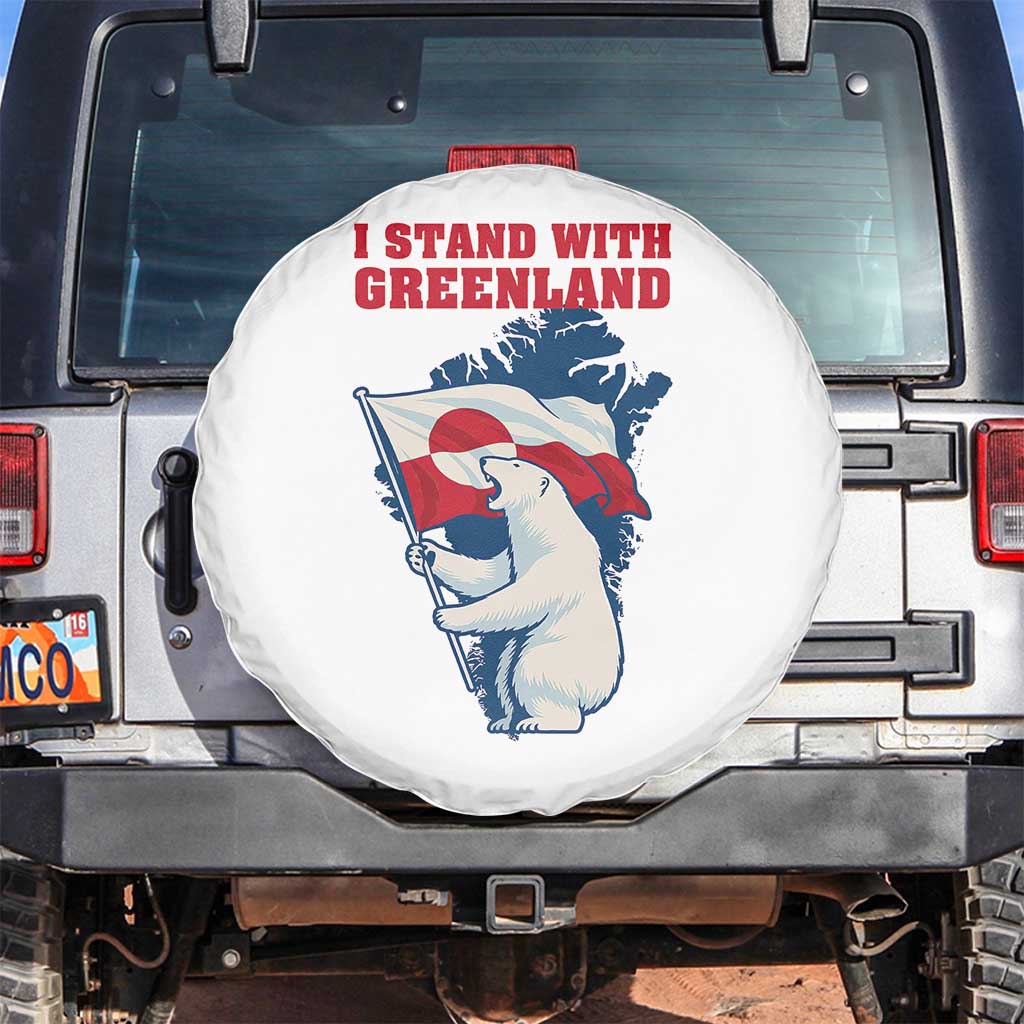 I Stand With Greenland Patriotic Spare Tire Cover Polar Bear Holding Flag Over Map TS02 No hole White Print Your Wear