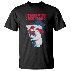 I Stand With Greenland Patriotic T Shirt Polar Bear Holding Flag Over Map TS02 Black Print Your Wear