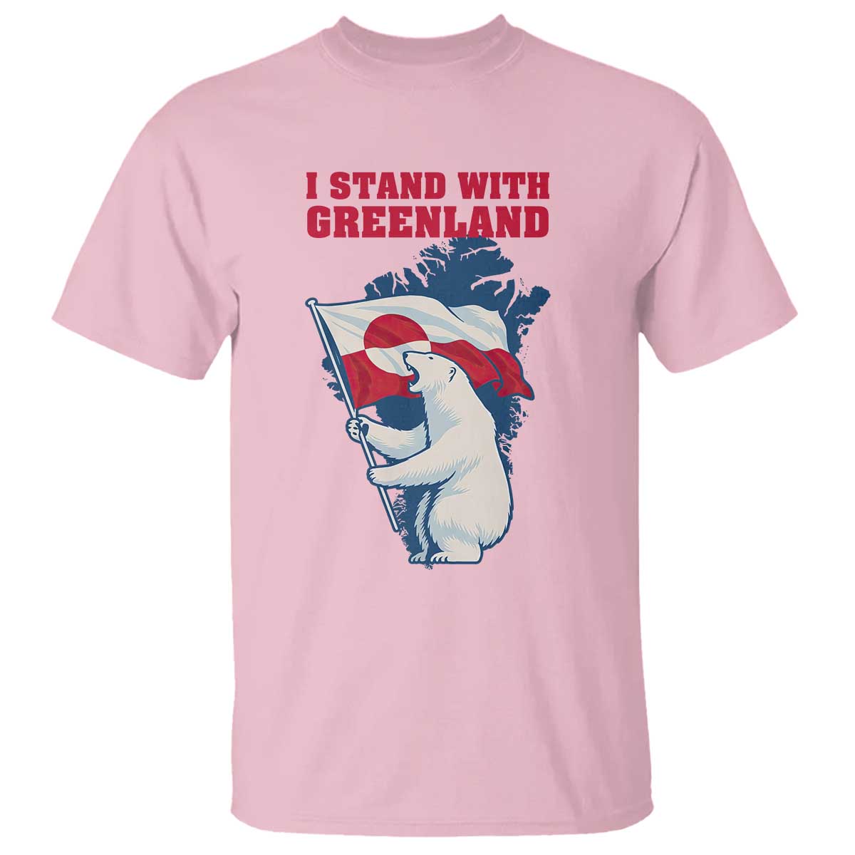 I Stand With Greenland Patriotic T Shirt Polar Bear Holding Flag Over Map TS02 Light Pink Print Your Wear