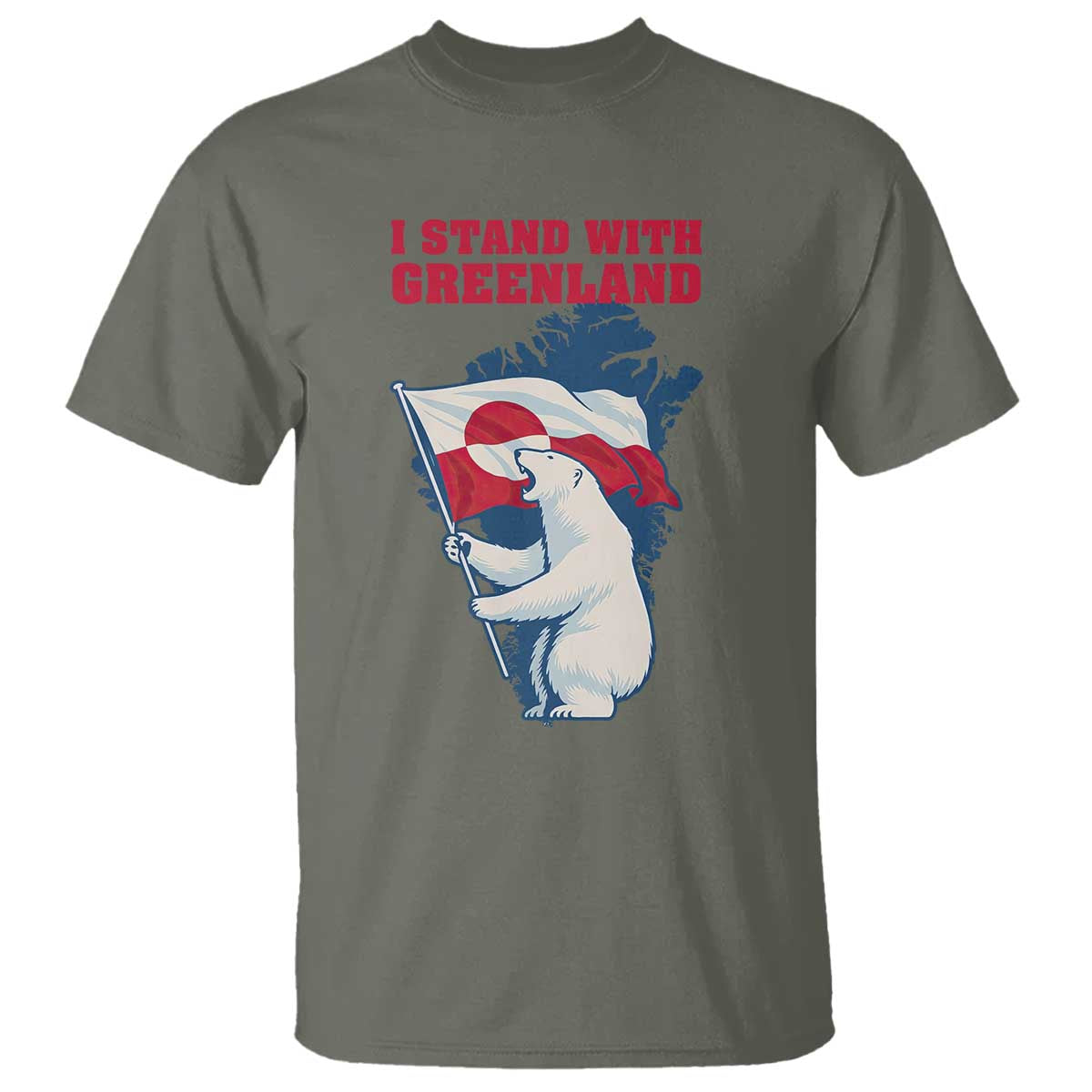 I Stand With Greenland Patriotic T Shirt Polar Bear Holding Flag Over Map TS02 Military Green Print Your Wear