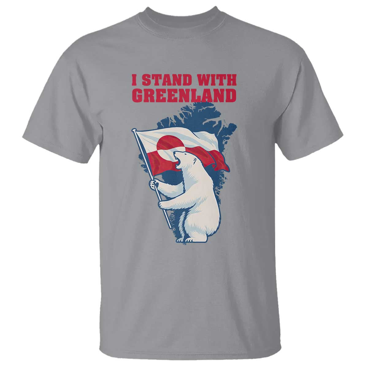 I Stand With Greenland Patriotic T Shirt Polar Bear Holding Flag Over Map TS02 Sport Gray Print Your Wear