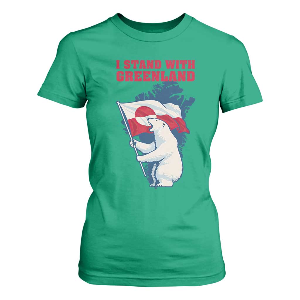 I Stand With Greenland Patriotic T Shirt For Women Polar Bear Holding Flag Over Map TS02 Irish Green Print Your Wear