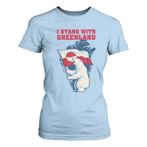 I Stand With Greenland Patriotic T Shirt For Women Polar Bear Holding Flag Over Map TS02 Light Blue Print Your Wear