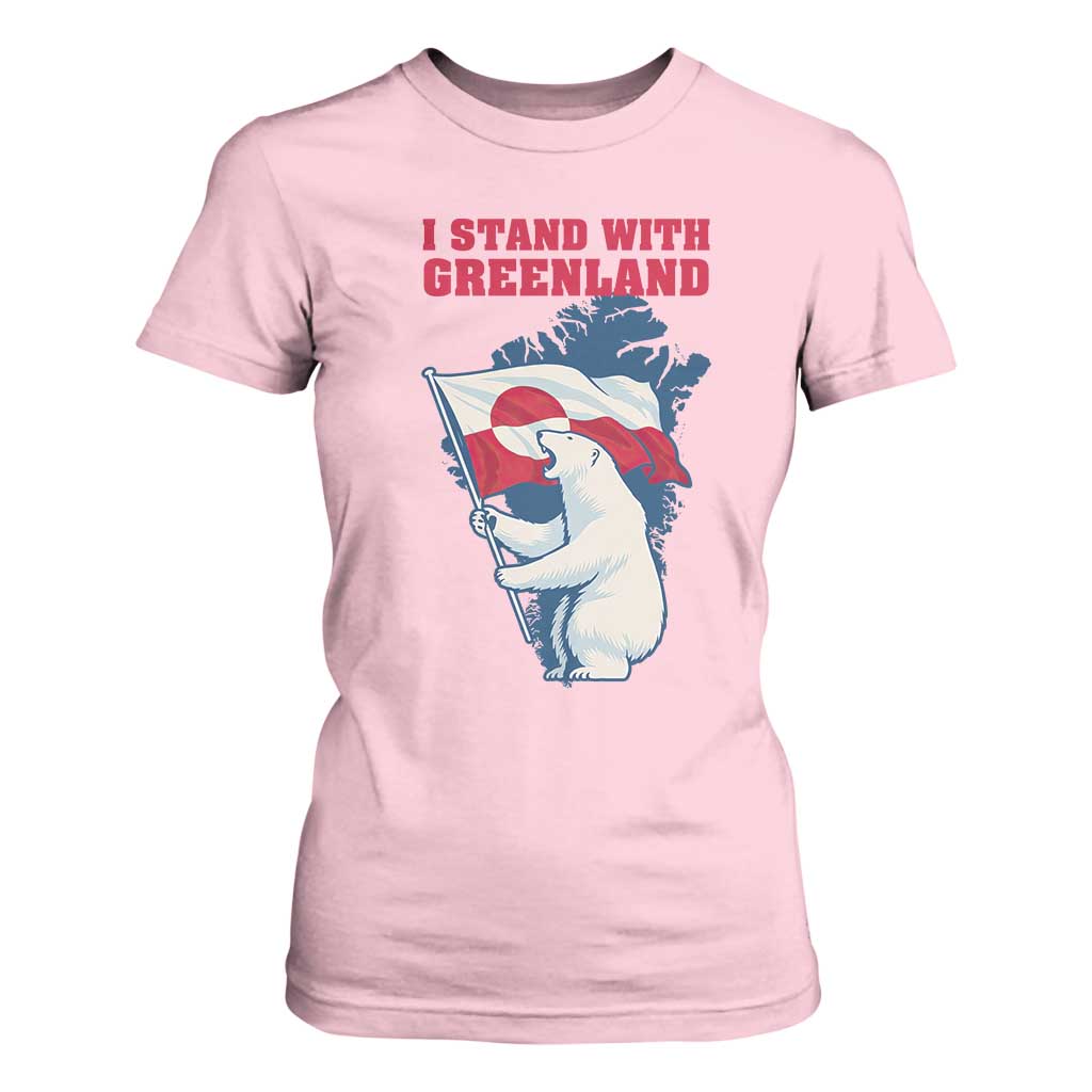 I Stand With Greenland Patriotic T Shirt For Women Polar Bear Holding Flag Over Map TS02 Light Pink Print Your Wear