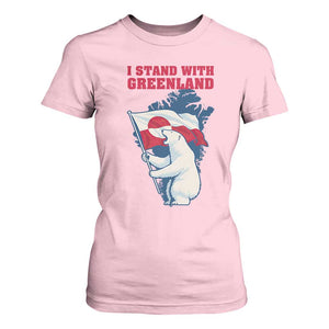 I Stand With Greenland Patriotic T Shirt For Women Polar Bear Holding Flag Over Map TS02 Light Pink Print Your Wear
