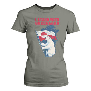 I Stand With Greenland Patriotic T Shirt For Women Polar Bear Holding Flag Over Map TS02 Military Green Print Your Wear