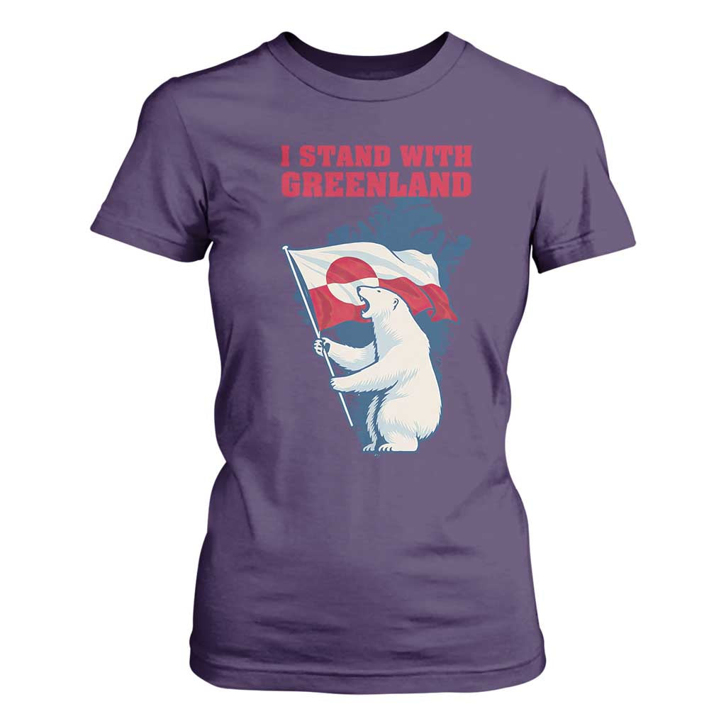 I Stand With Greenland Patriotic T Shirt For Women Polar Bear Holding Flag Over Map TS02 Purple Print Your Wear