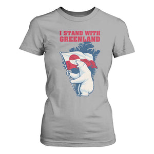 I Stand With Greenland Patriotic T Shirt For Women Polar Bear Holding Flag Over Map TS02 Sport Gray Print Your Wear