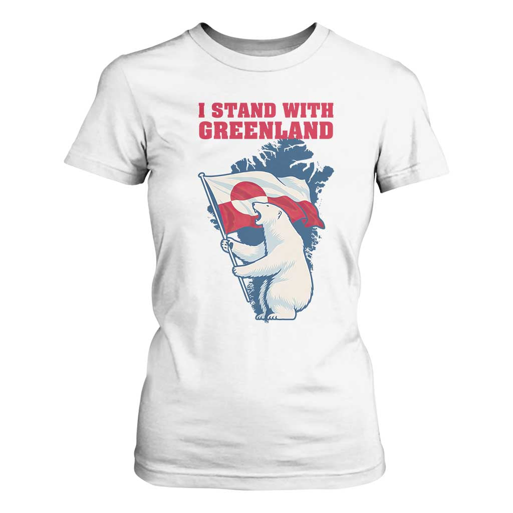 I Stand With Greenland Patriotic T Shirt For Women Polar Bear Holding Flag Over Map TS02 White Print Your Wear