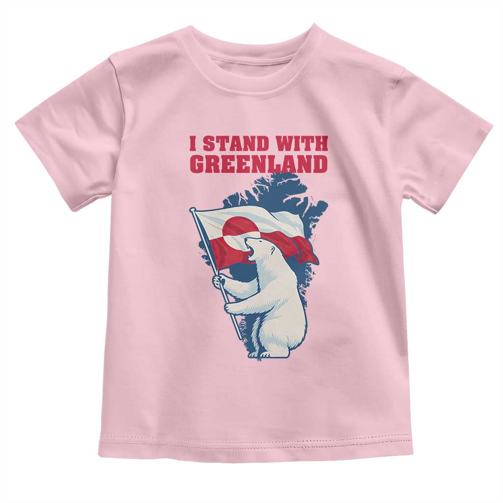 I Stand With Greenland Patriotic Toddler T Shirt Polar Bear Holding Flag Over Map TS02 Light Pink Print Your Wear