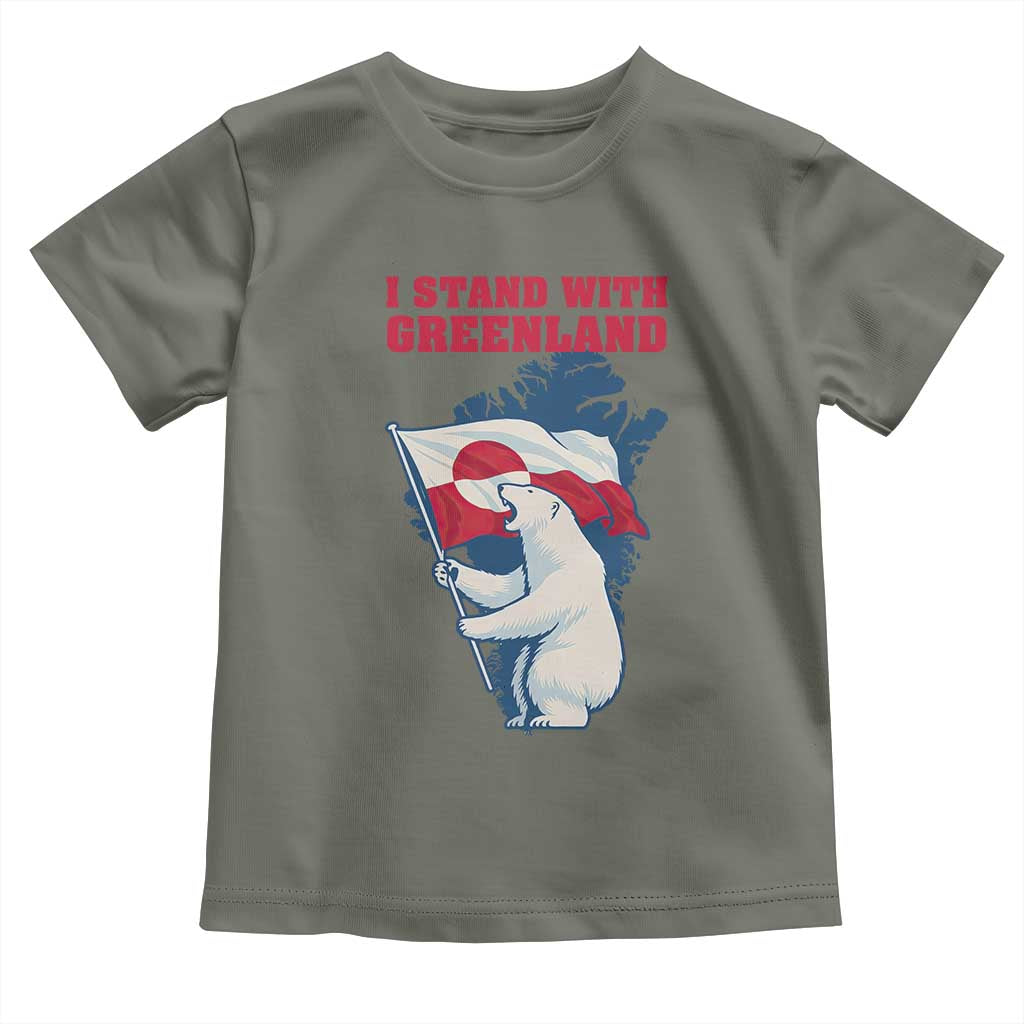 I Stand With Greenland Patriotic Toddler T Shirt Polar Bear Holding Flag Over Map TS02 Military Green Print Your Wear