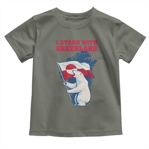 I Stand With Greenland Patriotic Toddler T Shirt Polar Bear Holding Flag Over Map TS02 Military Green Print Your Wear